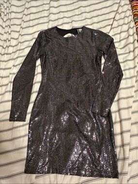 Divided Metallic Black Sequin Long Sleeve Dress